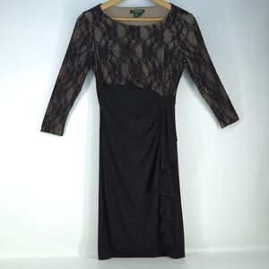 Ralph Lauren Floral Lace Overlay Dress Womens 8 Black Midi Elegant Whimsigoth